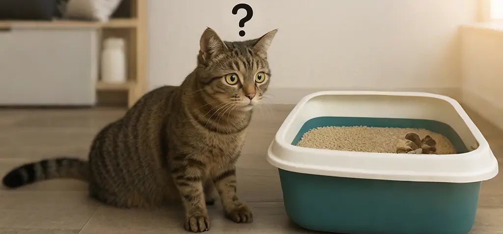 Confused cat sitting next to a litter box with poop inside