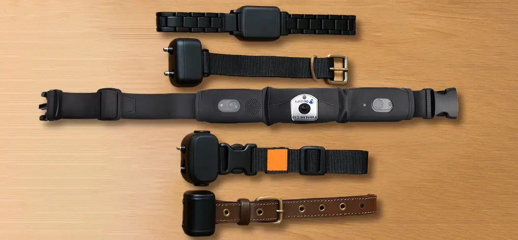 Comparison of Deroopy GPS Pet Collar with other popular dog training collars on a wooden surface