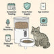 Smart automatic cat feeder with app control, scheduled feeding, camera, voice recording, dual power supply, and desiccant bag.