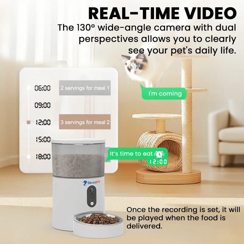 Automatic pet feeder with customizable feeding schedule and voice reminder.