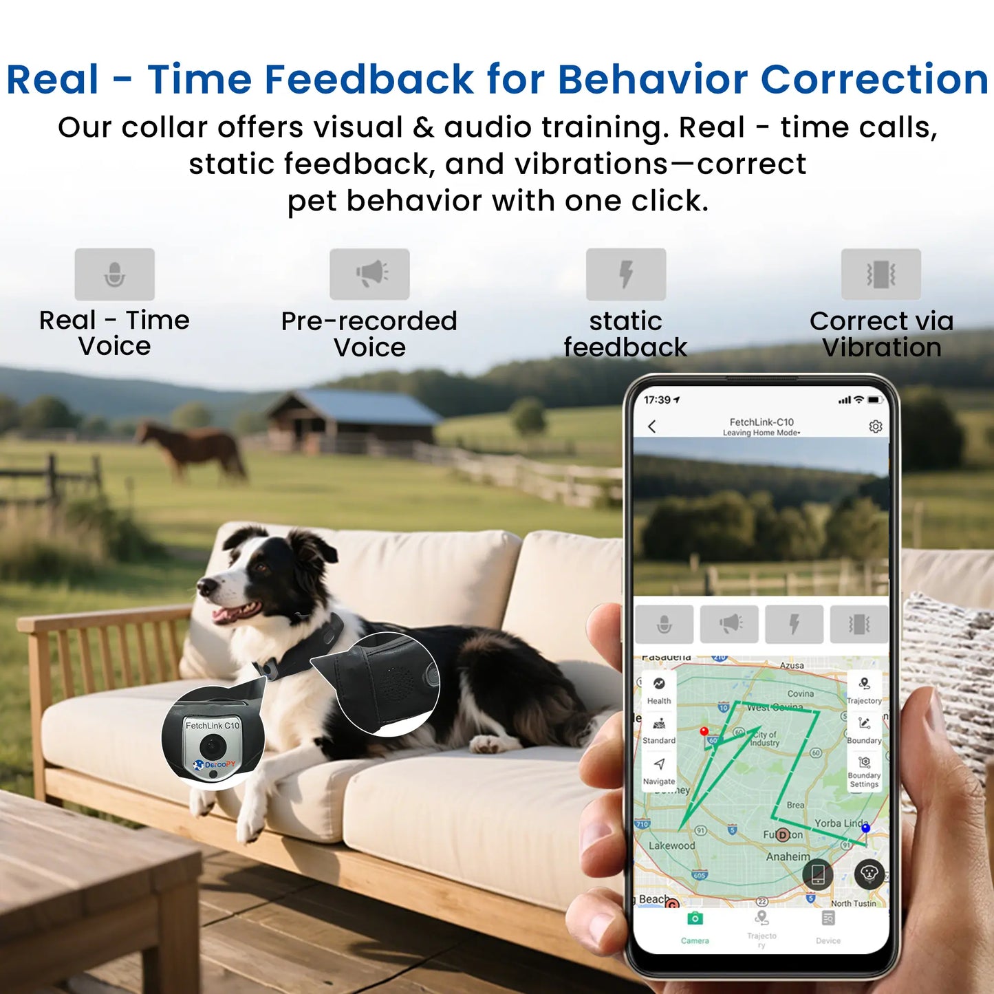 Deroopy smart dog collar enables real-time voice, static feedback, and vibration correction for pet training, shown with a dog relaxing on a sofa and remote control via smartphone app