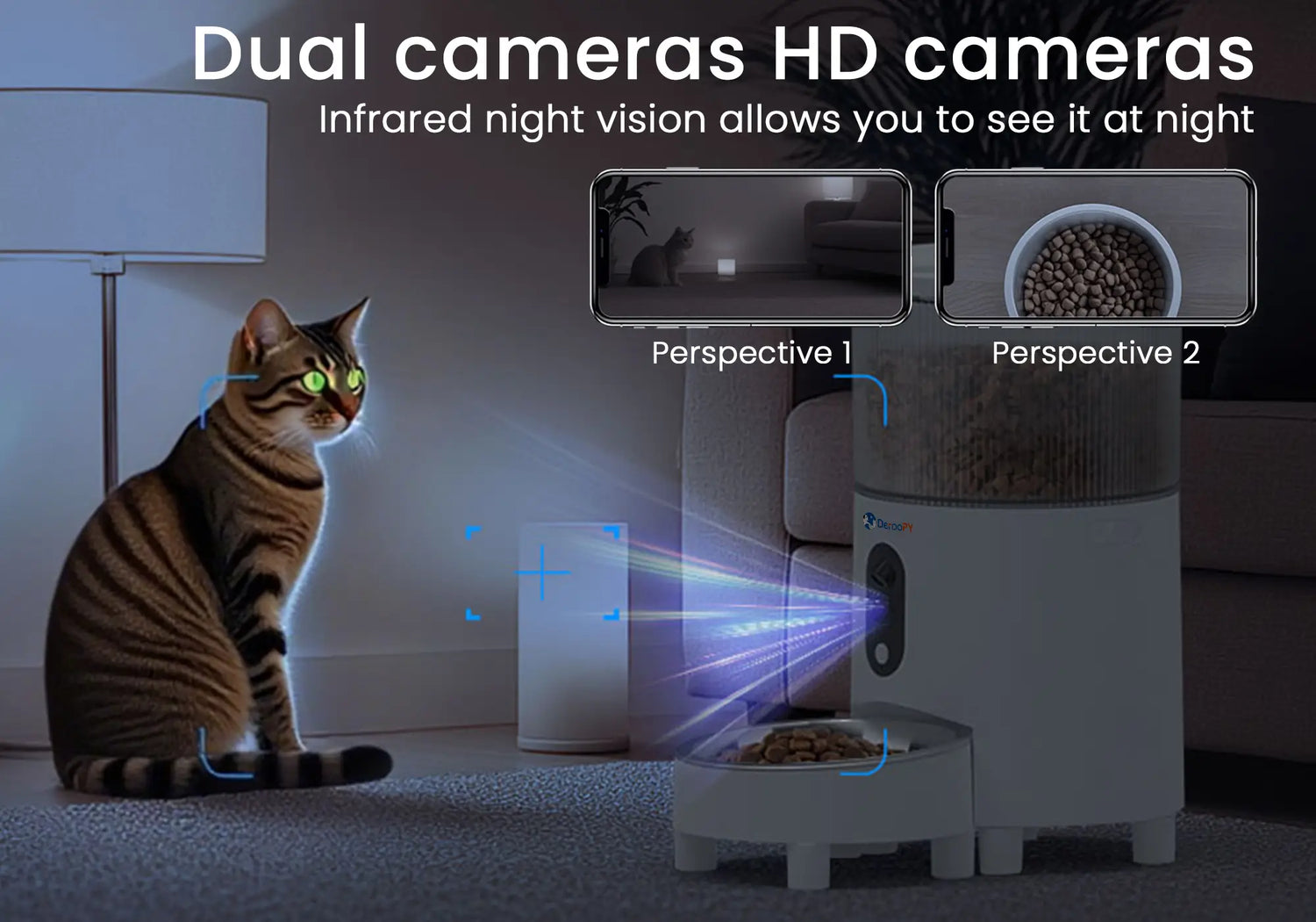 Smart pet feeder with night vision dual cameras and infrared mode