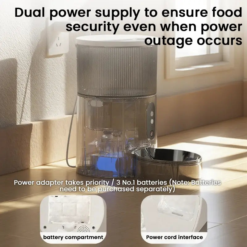 Smart pet feeder with dual power supply system to ensure continuous feeding.