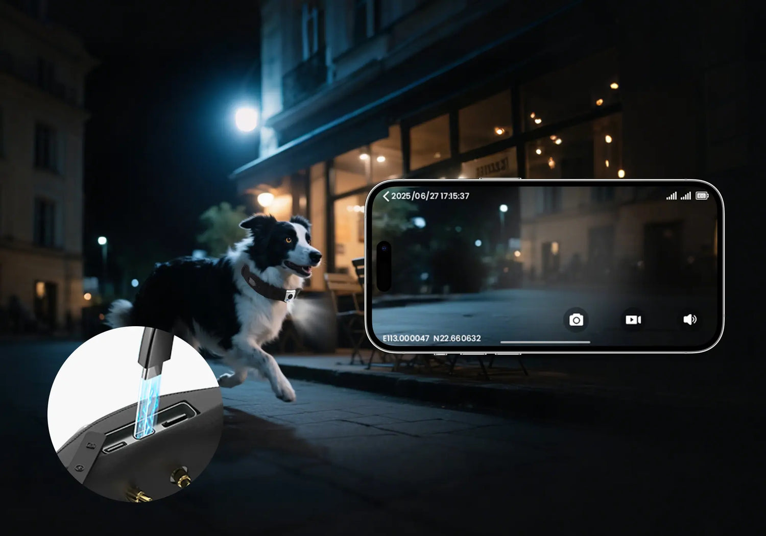 Smart GPS pet collar with night vision camera for real-time tracking and live video monitoring of dogs at night.