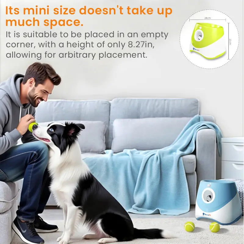 Mini tennis ball launcher for dogs shown in living room, ideal for small spaces and apartment use