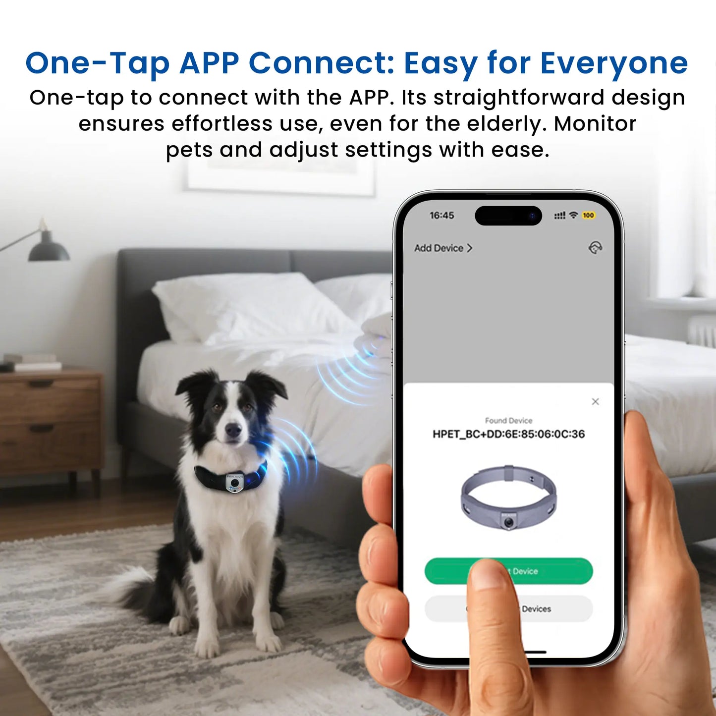 Deroopy smart pet collar connects easily to the app with one tap, shown with a dog and smartphone pairing screen in a bedroom setting