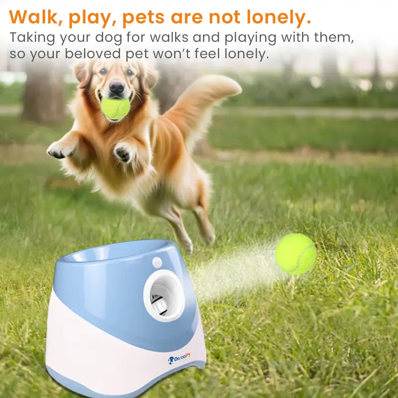 Dog catching tennis ball from automatic launcher in a grassy park, encourages active play and exercise