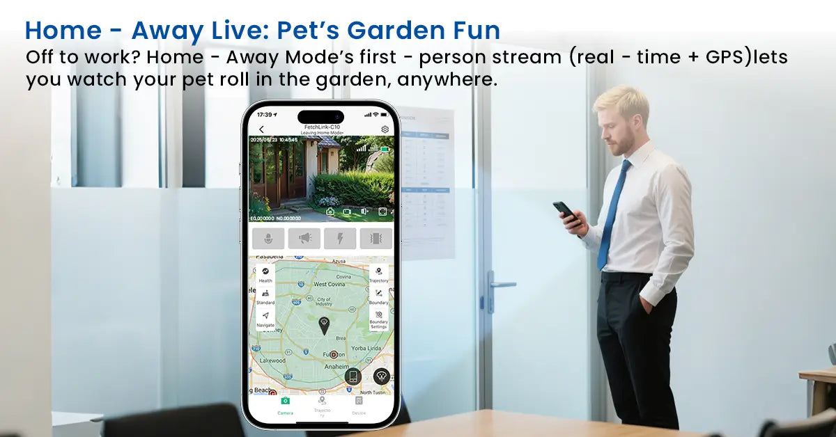 Man checking real-time GPS and live video of his pet from an office via the smart collar app.
