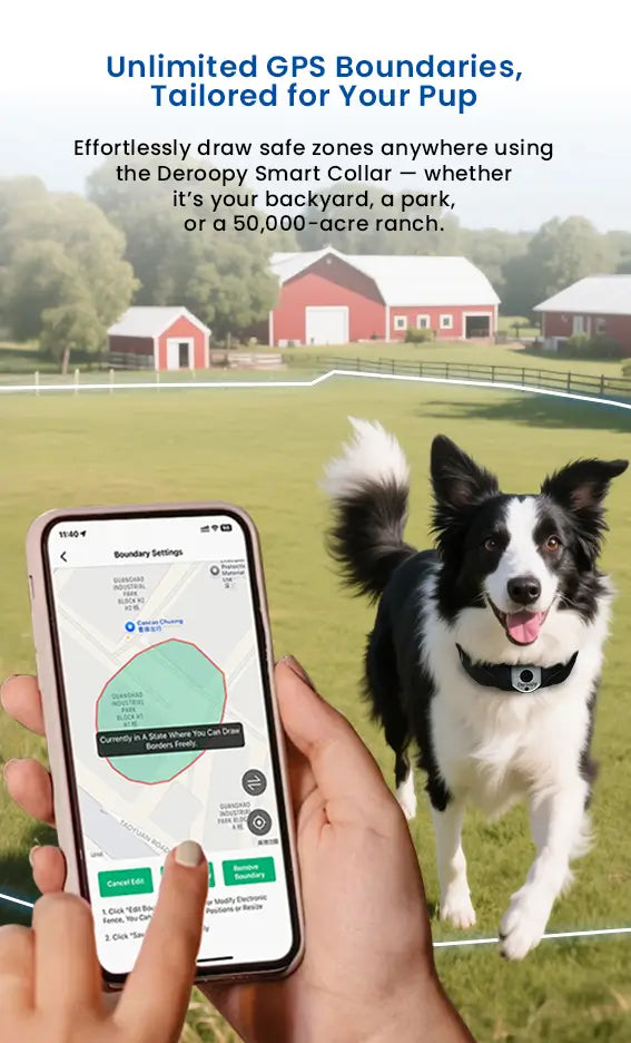 Dog wearing a smart collar running freely in a farm with GPS boundaries shown on a phone screen.