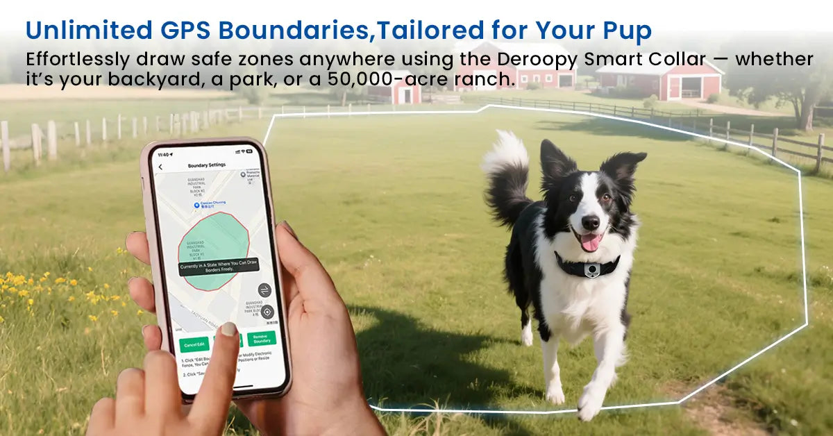 Dog wearing a smart collar running freely in a farm with GPS boundaries shown on a phone screen.