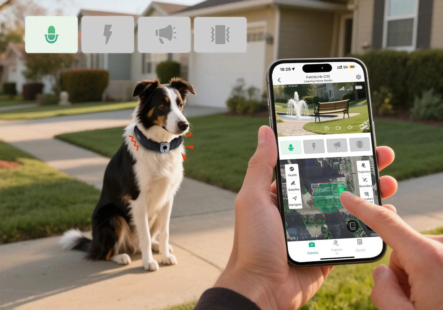 A smart pet collar enables voice command, vibration, and behavior correction via a mobile app, helping train a dog remotely.