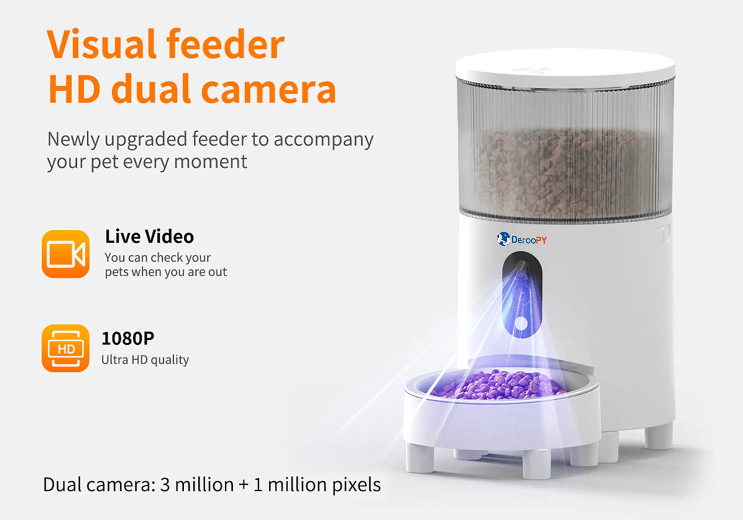 Smart automatic pet feeder with HD dual camera and live video monitoring