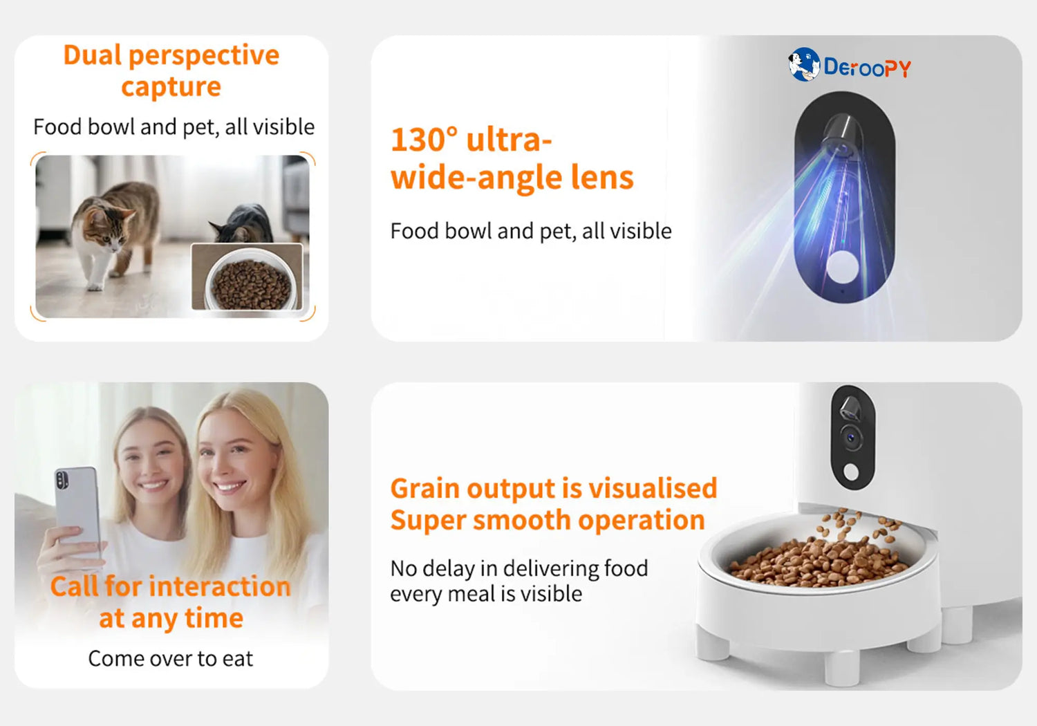 Smart feeder showing dual perspective lens for pet and food visibility