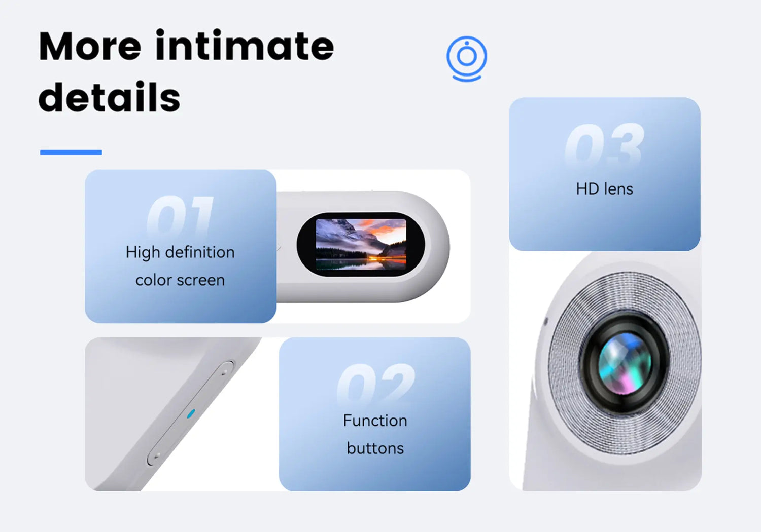 Close-up of thumb camera features: HD screen, function buttons, and high-resolution lens.