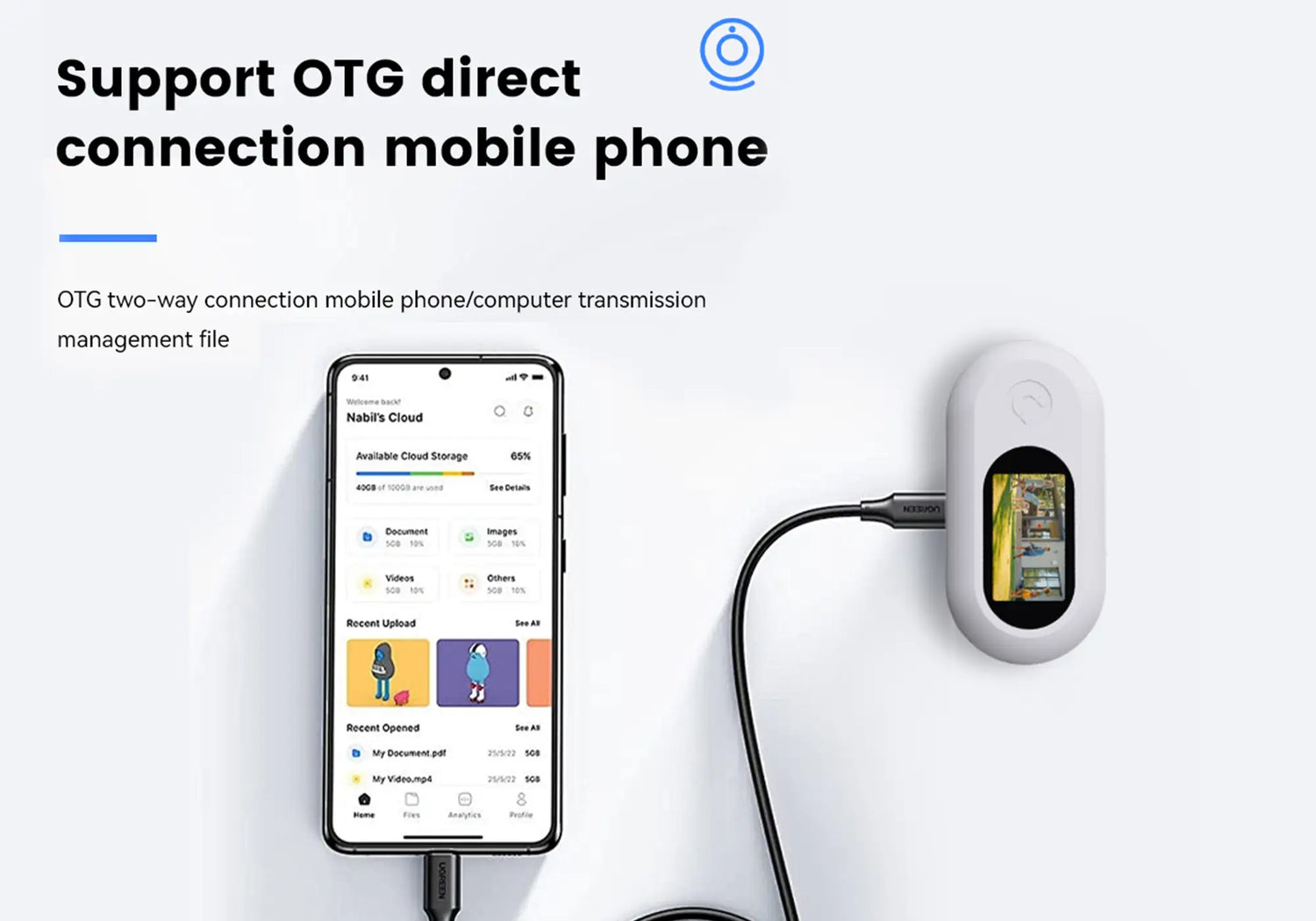 Thumb camera connected to smartphone via OTG cable for direct file access and transfer.