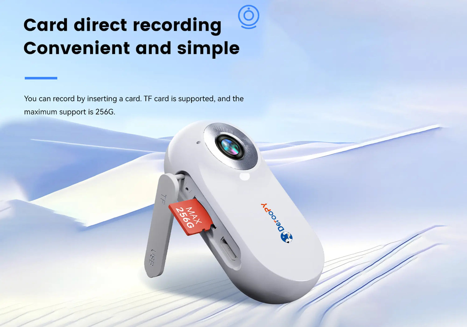 Thumb camera with TF card slot for direct recording, supports up to 256GB memory