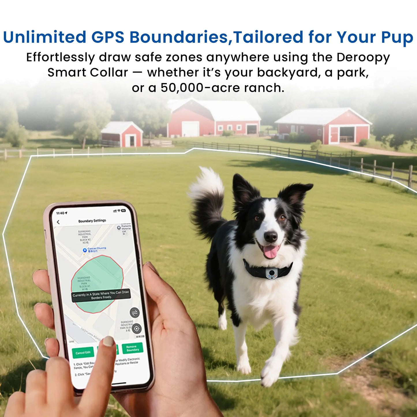 Deroopy GPS dog collar with customizable safe zones and boundary alerts, shown with app interface and happy dog outdoors