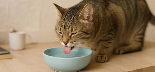 Cat drinking from a traditional water bowl on a wooden surface