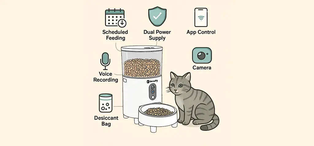 Smart automatic cat feeder with app control, scheduled feeding, camera, voice recording, dual power supply, and desiccant bag.