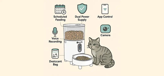 Smart automatic cat feeder with app control, scheduled feeding, camera, voice recording, dual power supply, and desiccant bag.