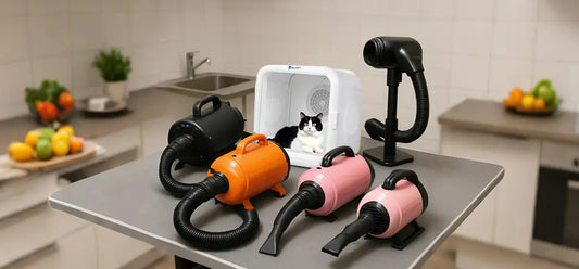 Different types of pet dryers including a smart pet dryer box with a cat inside