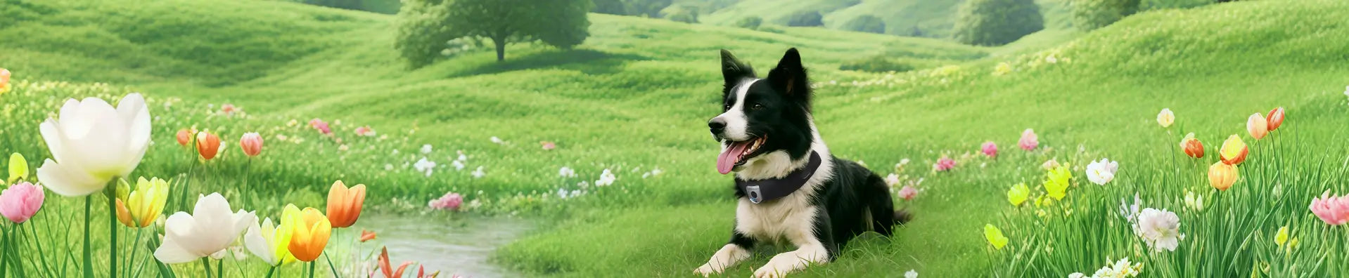 Border Collie wearing a Deroopy smart GPS collar relaxing in a blooming spring meadow, representing safety and freedom for pets.
