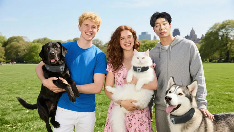 Three smiling pet owners stand outdoors in a sunny park, each holding or standing with a dog or cat wearing a Deroopy smart collar—showcasing multi-pet compatibility and community trust.