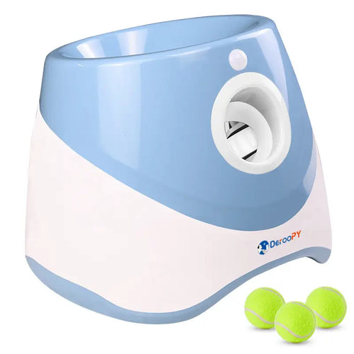 Blue automatic tennis ball launcher for dogs with included tennis balls, perfect for pet training and interactive play