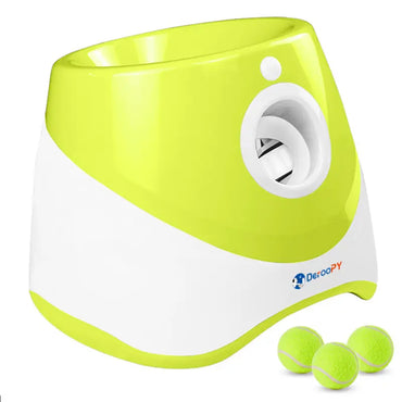 Green pet tennis ball shooter for dogs, automatic thrower with three mini tennis balls for fetching games