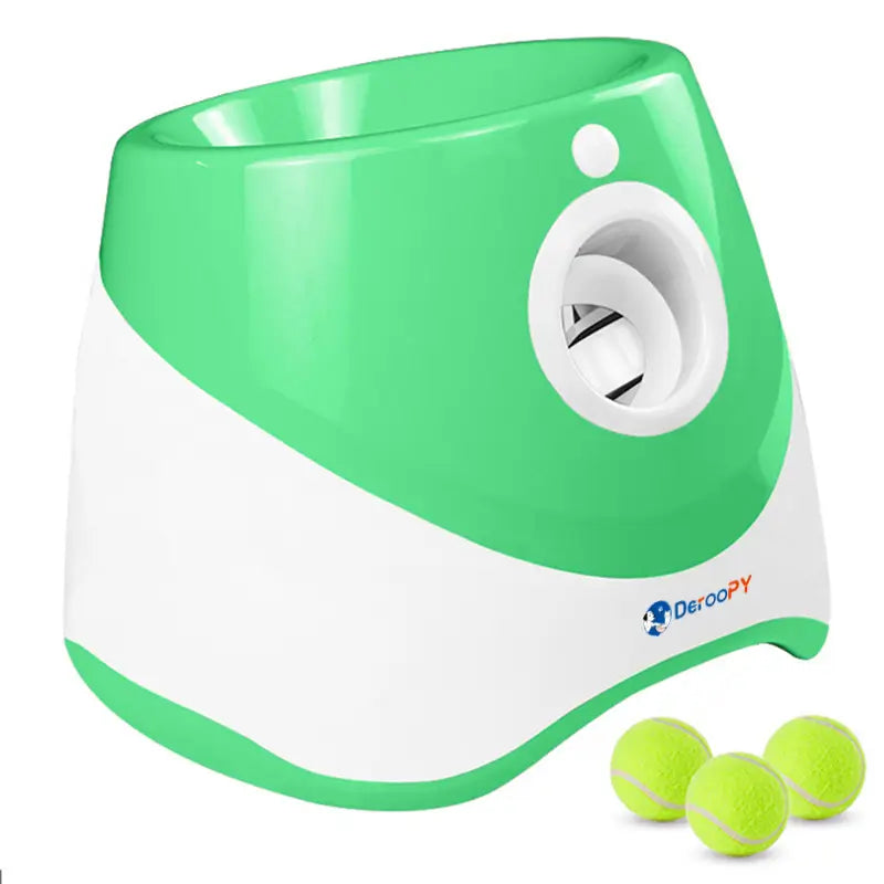 Teal color automatic ball thrower for dogs, includes balls, enhances interactive pet toys experience


