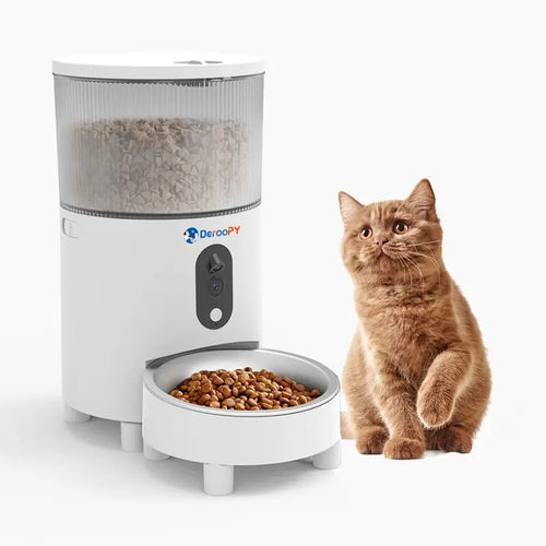  Smart automatic pet feeder with stainless steel bowl and cute orange cat.