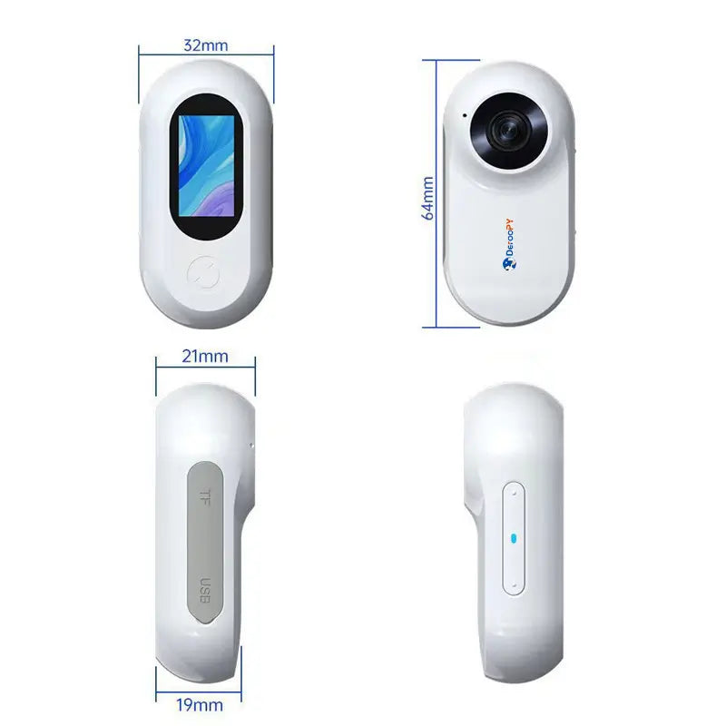 Pet camera collar showing front, side, and back views with detailed dimensions: 64mm height, 32mm width, USB and TF card ports