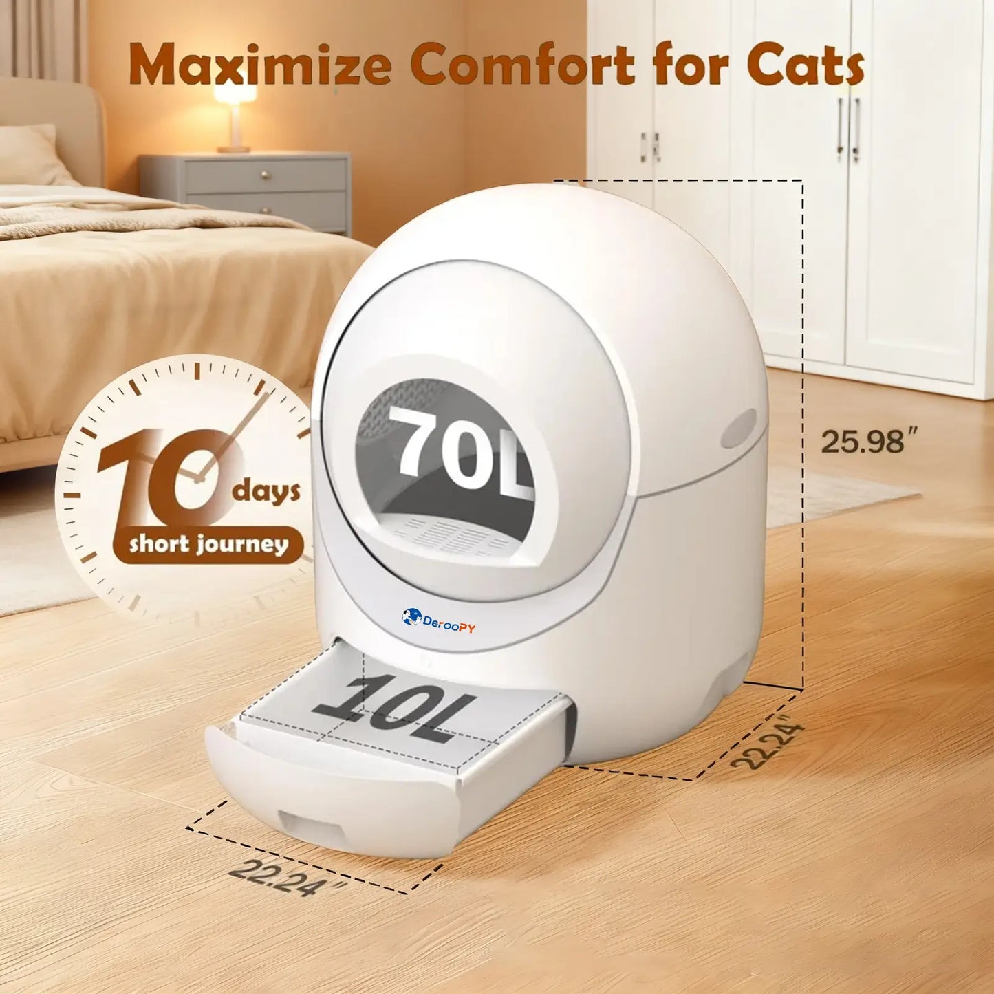 The Deroopy automatic litter box features a large 70L capacity and a 10L waste drawer, making it comfortable for cats and ideal for 10 days away.
