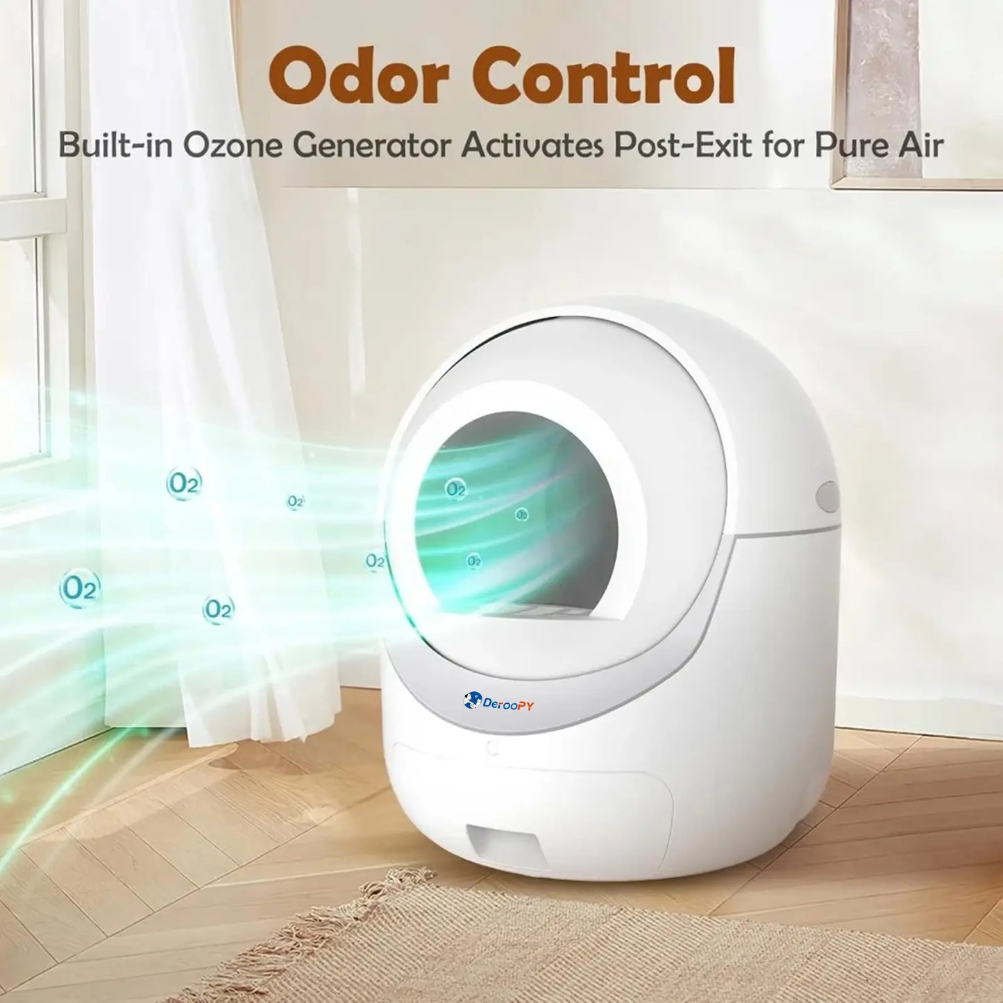 Deroopy's automatic cat litter box features advanced odor control with a built-in ozone generator that activates after the cat exits.