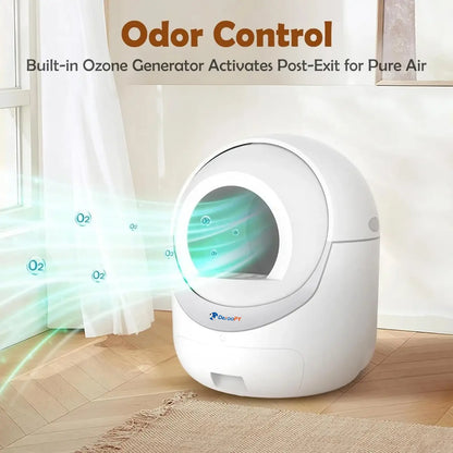 Deroopy's automatic cat litter box features advanced odor control with a built-in ozone generator that activates after the cat exits.