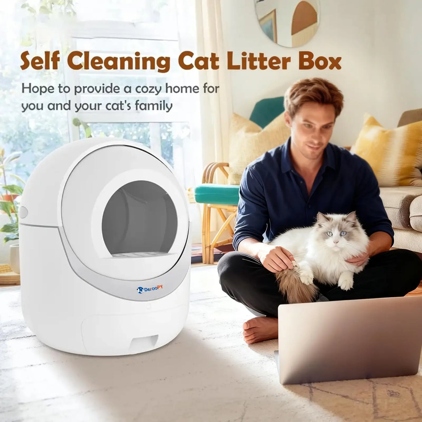Lifestyle image of the Deroopy self-cleaning cat litter box in a cozy home environment with a man and his cat.