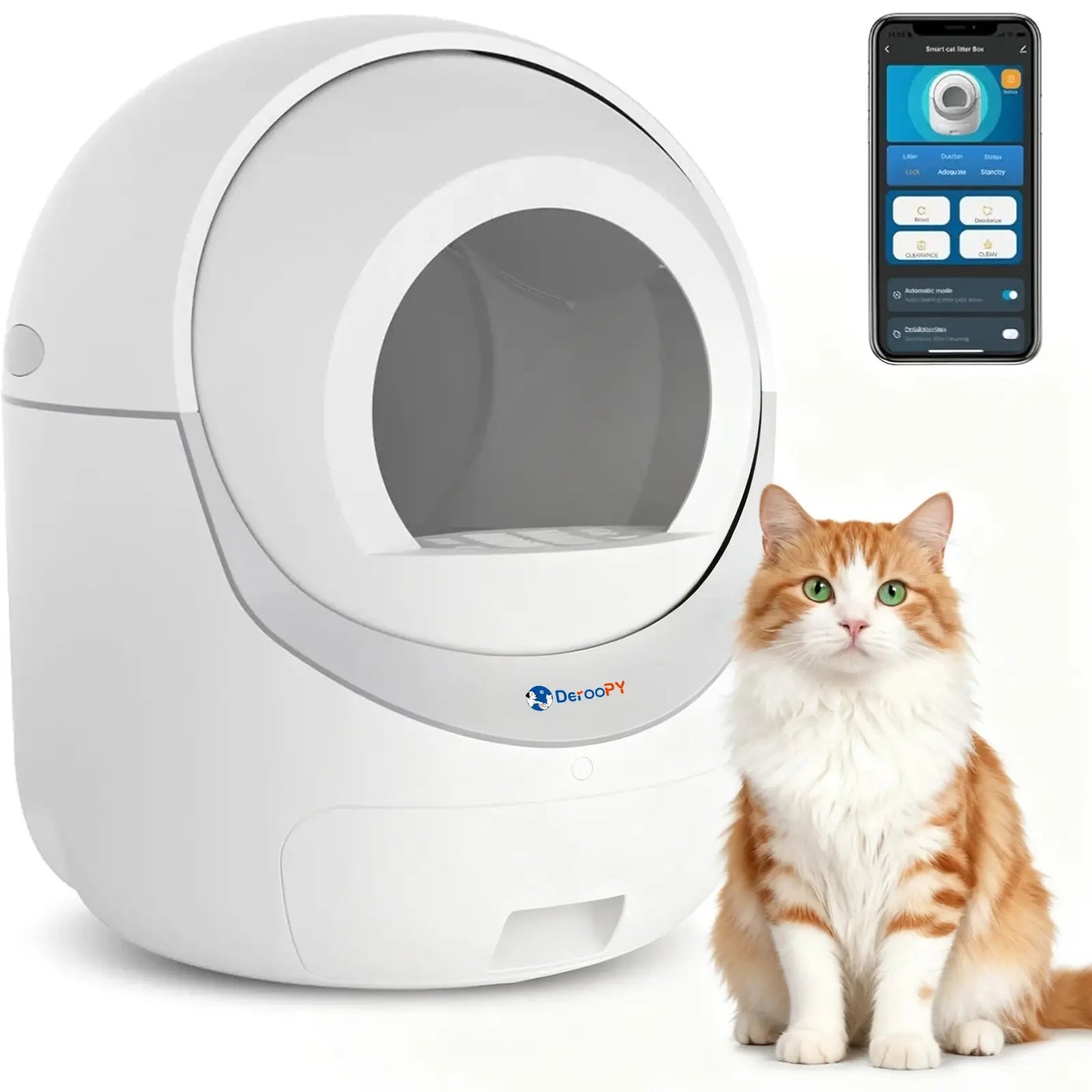 Deroopy smart cat litter box shown next to an orange cat, with a smartphone displaying the control app interface.