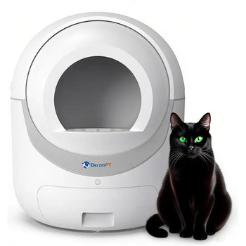 Deroopy smart self-cleaning cat litter box with a black cat sitting next to it