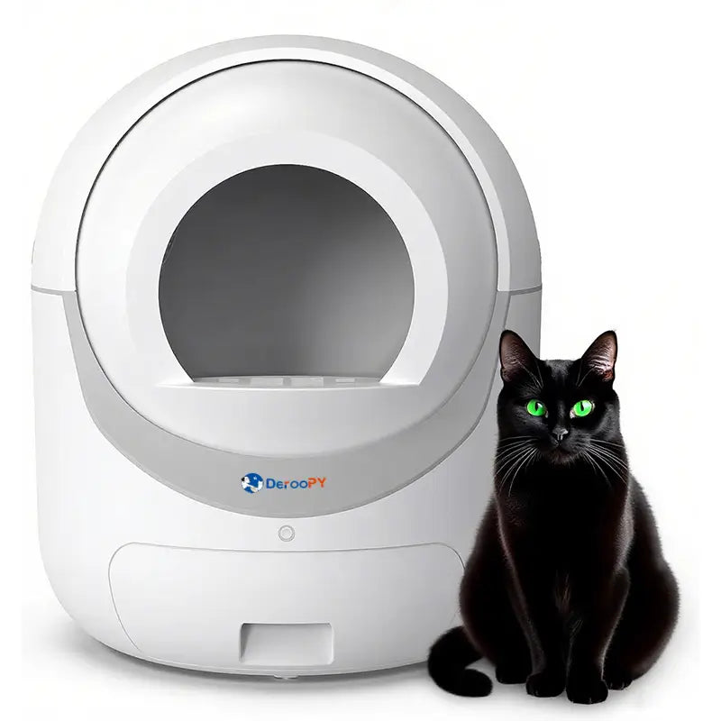 Deroopy smart self-cleaning cat litter box with a black cat sitting next to it