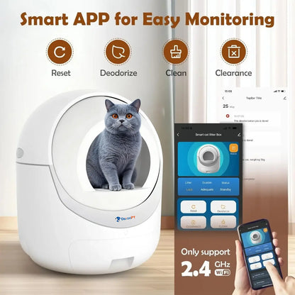 The Deroopy smart cat litter box features easy app monitoring (2.4 GHz WiFi) to remotely deodorize, clean, and reset the device.