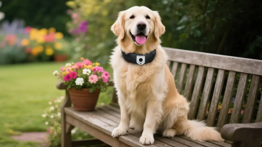 A Golden Retriever wearing a Deroopy smart collar sits happily on a wooden garden bench surrounded by colorful flowers, symbolizing comfort, safety, and peace of mind.