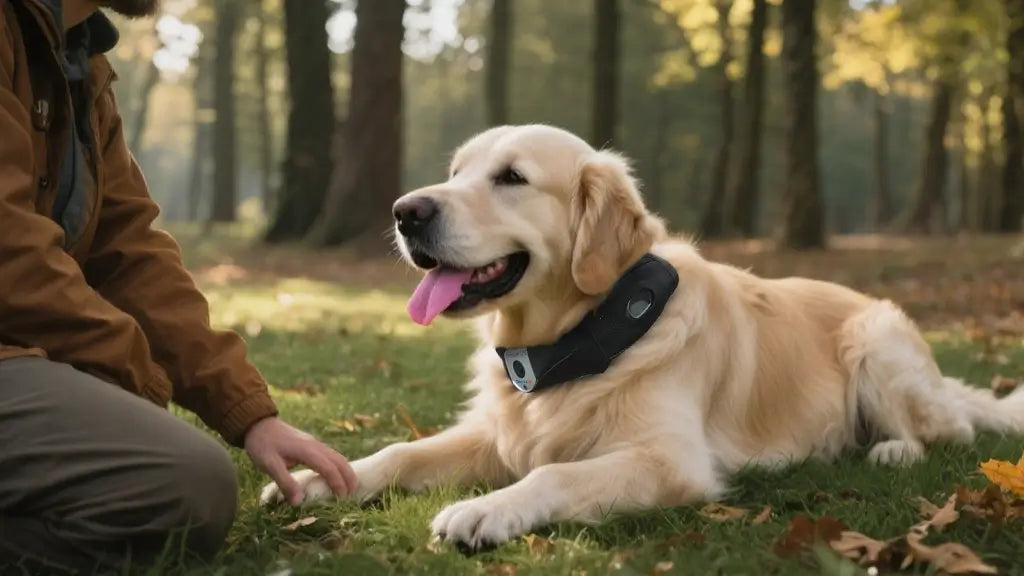 Golden retriever wearing a Deroopy smart collar next to key benefits of humane training: positive reinforcement, gradual static feedback, and pet safety.