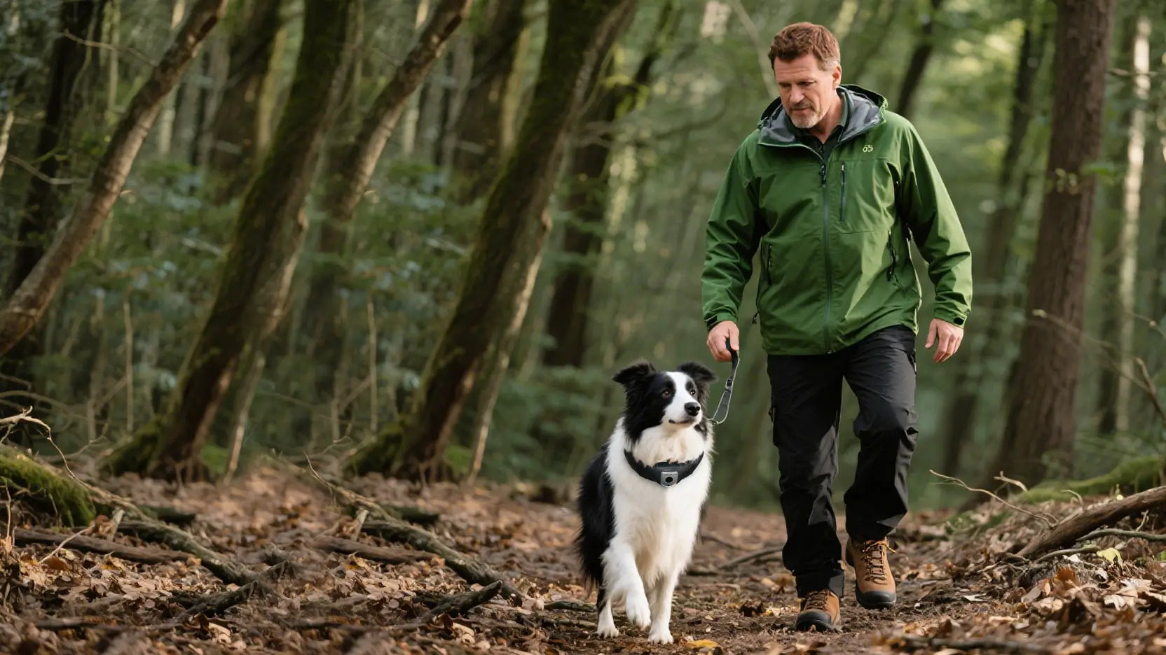 A man walking his dog in the forest using the Deroopy dog GPS tracker collar—an all-in-one GPS tracker for dogs that ensures safety and real-time location tracking.