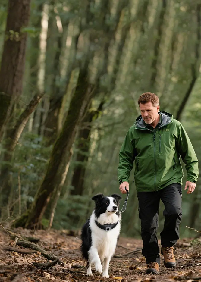 A man walking his dog in the forest using the Deroopy dog GPS tracker collar—an all-in-one GPS tracker for dogs that ensures safety and real-time location tracking.