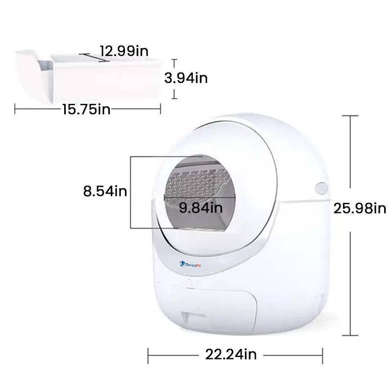 Detailed dimension chart of smart self-cleaning cat litter box with measurements in inches