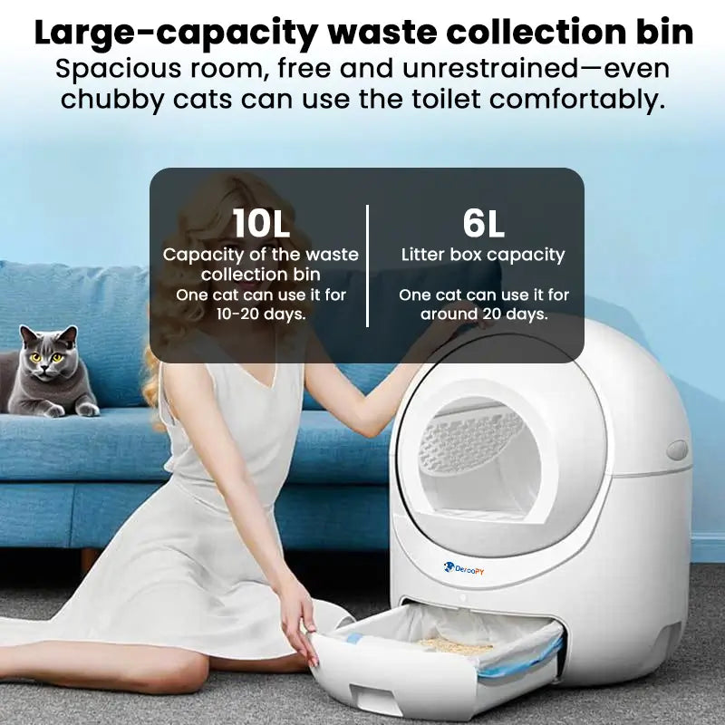 Automatic cat litter box with 10L waste bin and 6L litter capacity for multiple days use