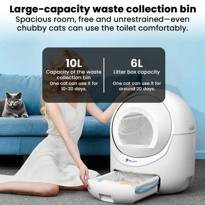 Automatic cat litter box with 10L waste bin and 6L litter capacity for multiple days use