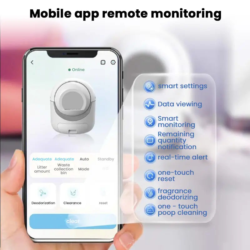 Smart cat litter box mobile app interface with real-time alerts, deodorization, and cleaning