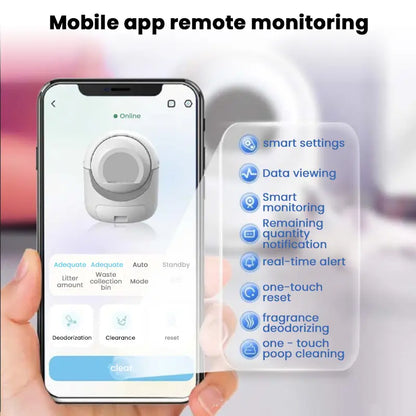 Smart cat litter box mobile app interface with real-time alerts, deodorization, and cleaning