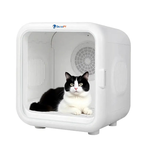 Pet dryer box with black and white cat inside, compact and quiet drying space for pets